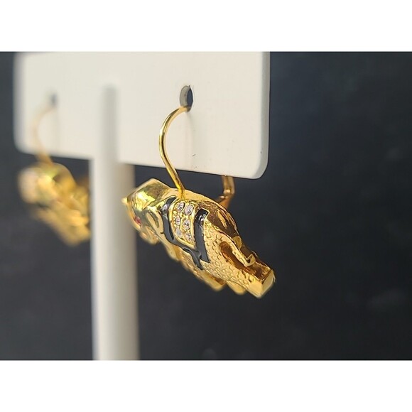 Gold Tone Metal Elephant Shaped Red Rhinestone Eyes Leverback Earrings Vintage - Picture 5 of 10